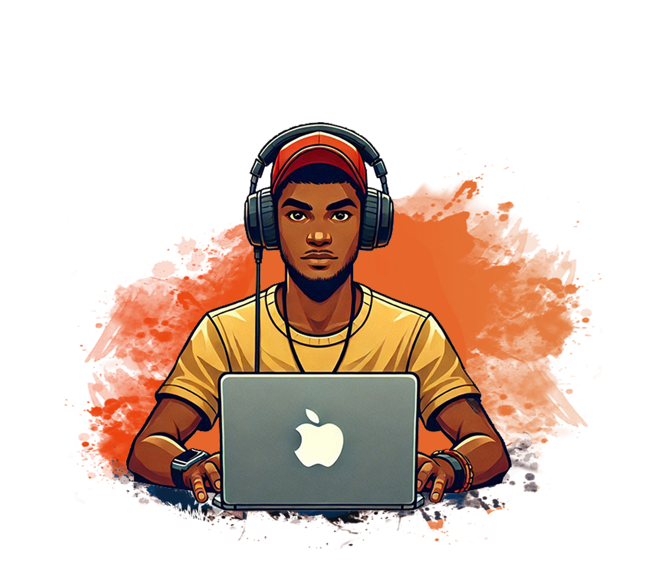 A man in a brown cap in front of a laptop
